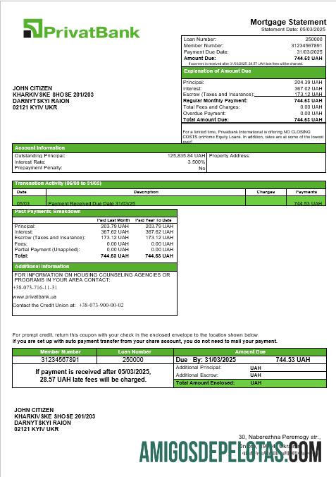 Extrato de hipoteca do banco Privatbank ucraniano em formatos Word e PDF baixar para verificação